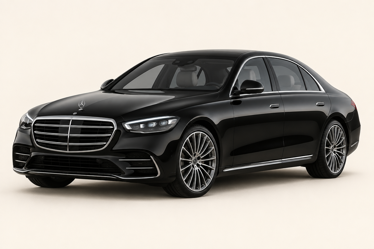 Latest-model black Mercedes-Benz luxury sedan