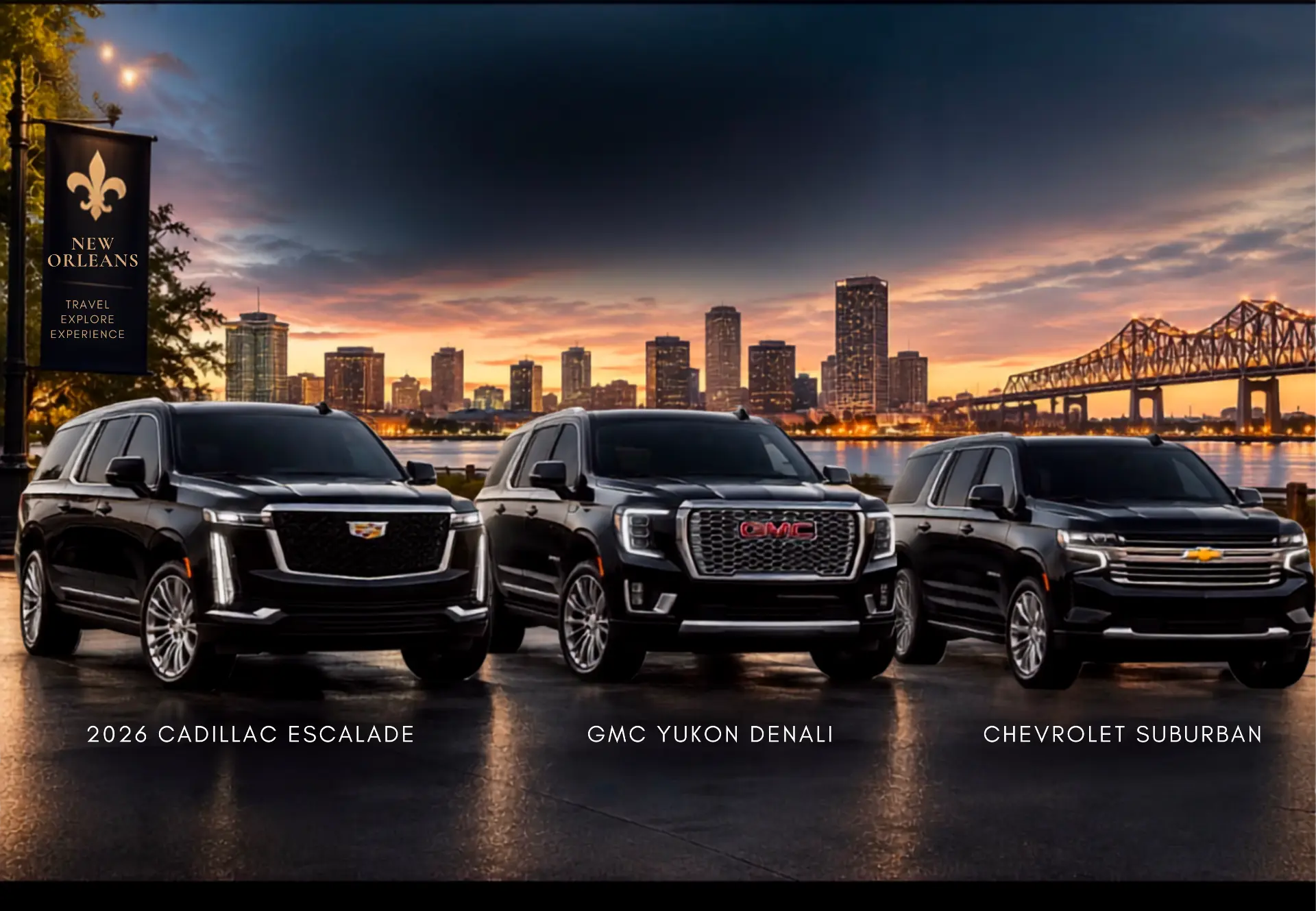 Full-size luxury SUVs — Cadillac Escalade, GMC Yukon Denali and Chevrolet Suburban in New Orleans