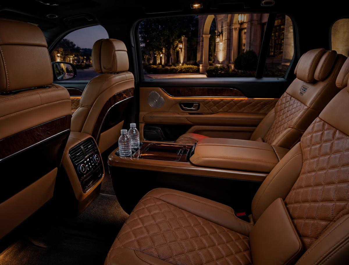 Immaculate tan leather interior of a luxury SUV with ambient lighting