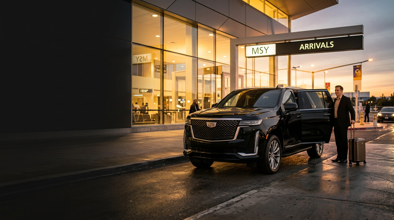 Black Cadillac Escalade with a chauffeur and luggage at the MSY arrivals terminal